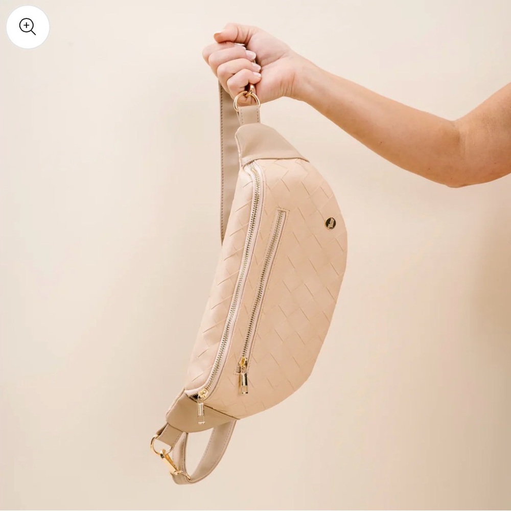 Woven Faux Leather Crossbody Belt Bag in Cream